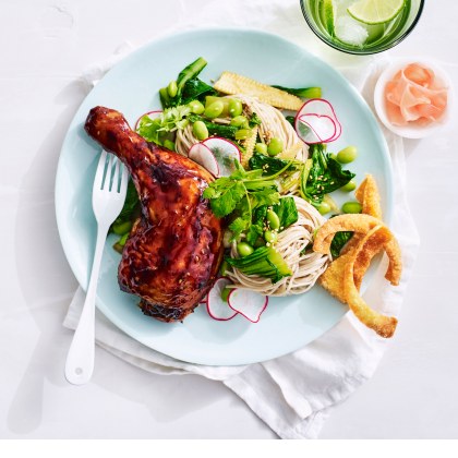 Teriyaki Roast Chicken with Soba Noodles and Asian Greens