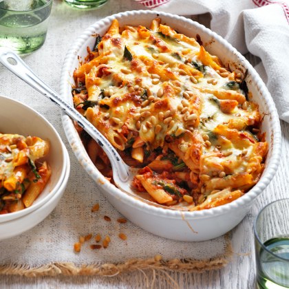 Creamy Tomato, Spinach and Pine Nut Bake