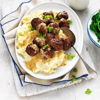 Classic Buttery Mash with Meatballs and Mustard Butter Sauce
