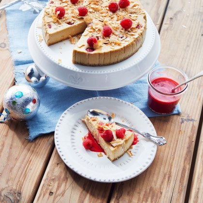 Baked Coconut and Raspberry Cheesecake