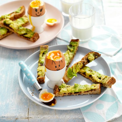 Funny Face Soft-boiled Eggs with Avocado and Vegemite Soldiers
