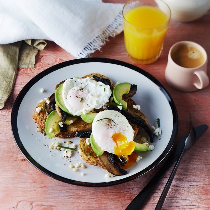 Poached Eggs with Sauteed Field Mushrooms and Avocado