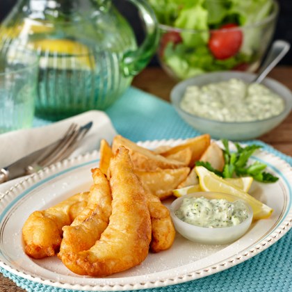 Beer Battered Fish and Chips with Pesto Tartare