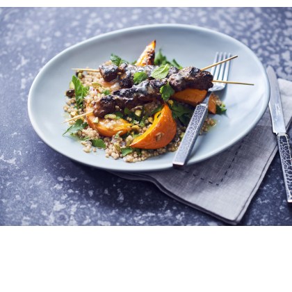 Roasted Pumpkin and Couscous Salad with Lamb Skewers