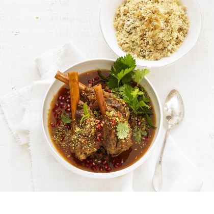 Lamb shanks with Pomegranate, Dukkah and Rice