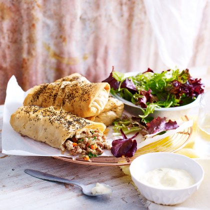 Cinnamon Spiced Chicken Filo Parcels with Jalapeno Aioli and Mixed Leaf Salad