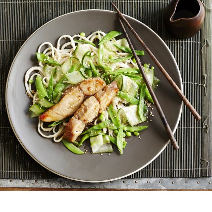 Miso-Marinated Kingfish Fillets with Noodles & Snow Pea Salad