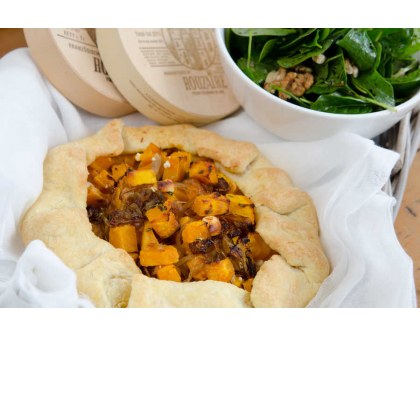 Pumpkin, Thyme & Caramelised Onion Galette with Goat's Cheese Served with Spinach and Walnut Salad