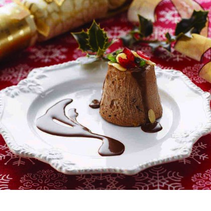 Frozen Christmas Pudding with Chocolate Sauce