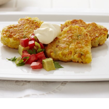 Love Heart Corn and Cheddar Fritters with Tomato Salsa and Sour Cream