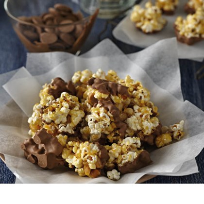 Chocolate Dipped Salted Caramel Popcorn Clusters