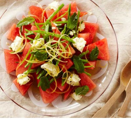 Watermelon and Snow Pea Salad with Marinated Feta