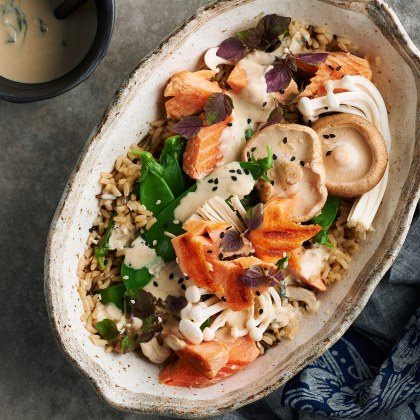 Grilled Trout, Mushroom and Brown Rice Bowl with Miso Yoghurt