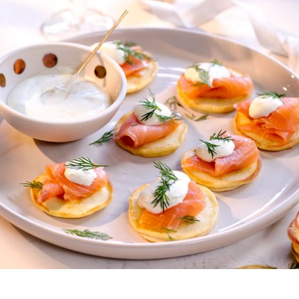 Blinis with Smoked Salmon and Dill Creme Fraiche