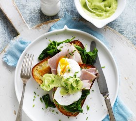 Avocado 'Hollandaise' with Eggs, Ham and Spinach