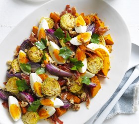Roasted Pumpkin, Brussel Sprouts and Prosciutto with Egg