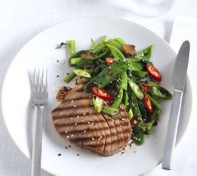 Soy glazed tuna with stir fried greens with garlic and soy