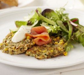 Zucchini, Corn and Mint Fritters with Smoked Salmon