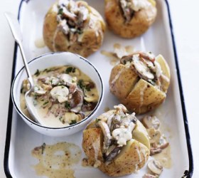 Baked Potatoes with Mushrooms & Bacon Sauce