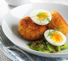 Smoked Trout Patties with Soft Boiled Egg and Cucumber, Dill and Caper Salad