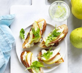 Toasted French Baguette Slices with Ricotta, Pear and Rocket