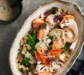 Grilled Trout, Mushroom and Brown Rice Bowl with Miso Yoghurt