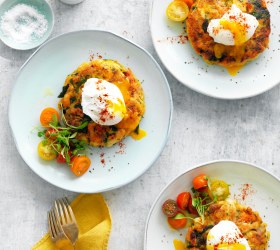 Bubble and squeak turkey fritters with poached eggs