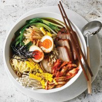 Ramen Noodle Soup with Soy Sauce Eggs, Pork and Mushrooms