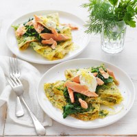 Herb Omelettes with Wilted Spinach and Smoked Fish