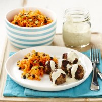 Middle Eastern Lamb Meatballs with Chickpea Yoghurt and Carrot Salad