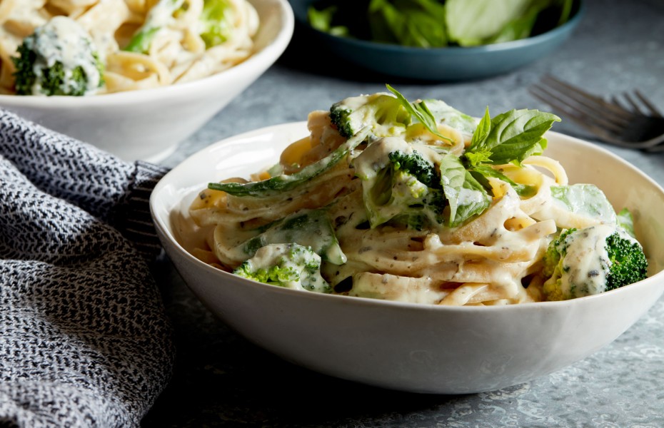 Broccoli and Snow Pea Fettucine with Garlic and Herb Ricotta