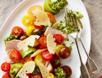 Easy chicken tomato salad recipe with green olive salsa