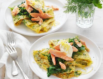 Herb Omelettes with Wilted Spinach and Smoked Fish