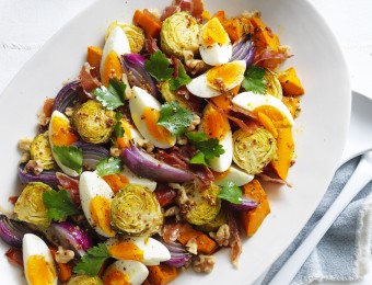 Roasted Pumpkin, Brussels Sprouts and Prosciutto with Egg