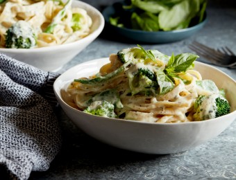 Broccoli and Snow Pea Fettucine with Garlic and Herb Ricotta