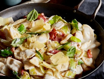 Bacon and Leek Spaghetti Agnolotti with 4 Cheese Ricotta