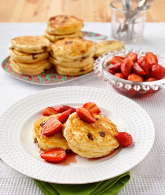 Ricotta Chocolate Chip Hotcakes with Maple Strawberries