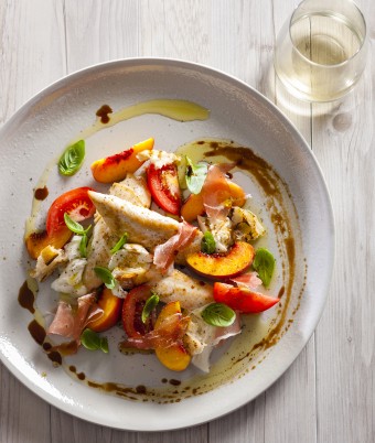 Chicken Tenderloin with Prosciutto, Truss Tomatoes And Peach Salad