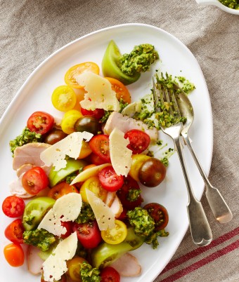 Easy chicken tomato salad recipe with green olive salsa