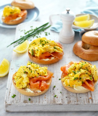 Scrambled Egg, Smoked Salmon and Cream Cheese Bagels