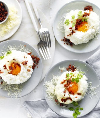Cloud Eggs with Pancetta Crumbs and Gruyere