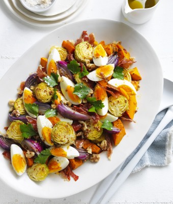 Roasted Pumpkin, Brussels Sprouts and Prosciutto with Egg