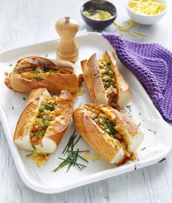 Crunchy Garlicky Long Baguettes, Topped with Baked Beans and Melted Cheese