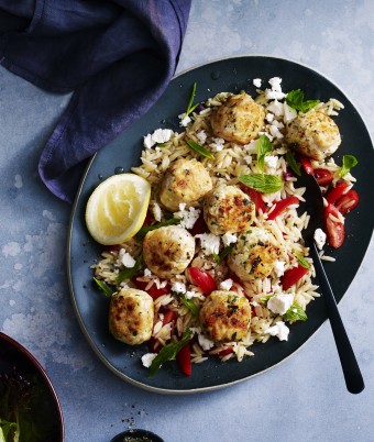 Greek Chicken Meatballs and Pasta Warm Salad Recipe