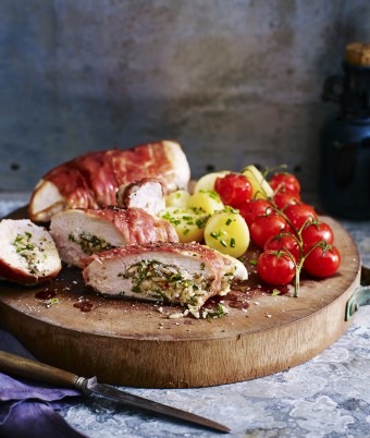 Prosciutto-Wrapped Chicken with Vine Tomatoes and Chat Potatoes