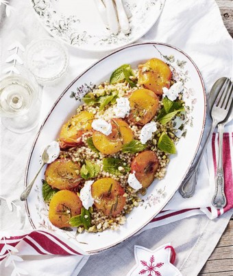 Roasted Rosemary Peaches and Pearl Couscous Salad with Labne