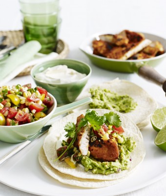Chicken Tacos with Tomato Salsa and Guacamole