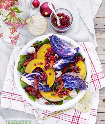 Roasted Red Cabbage and Pumpkin Wedges with Gremolata and Pomegranate Dressing