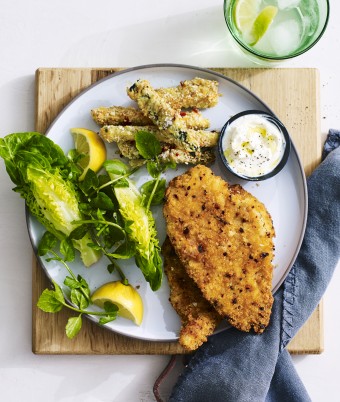 Chicken Schnitzel with Parmesan and Sesame Seed Zucchini Chips