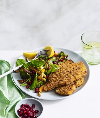 Chicken Schnitzel with Roast Broccoli and Pomegranate Salad